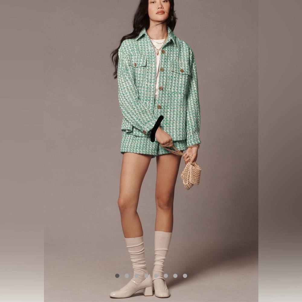 Anthropologie Green White Tweed Gingham Blazer